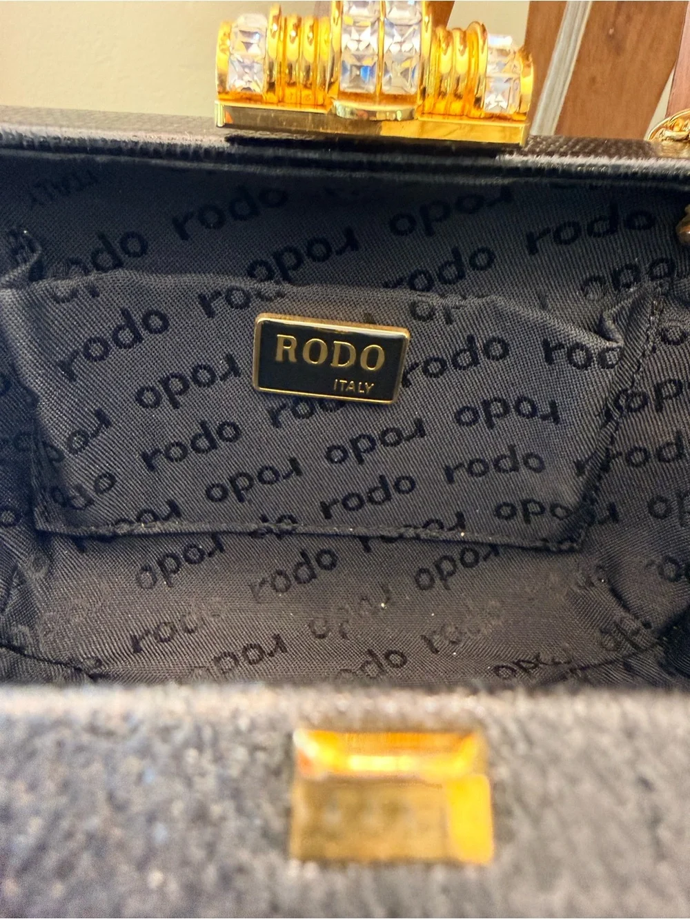 RODO Black Leather Evening Crossbody with Gold Chain